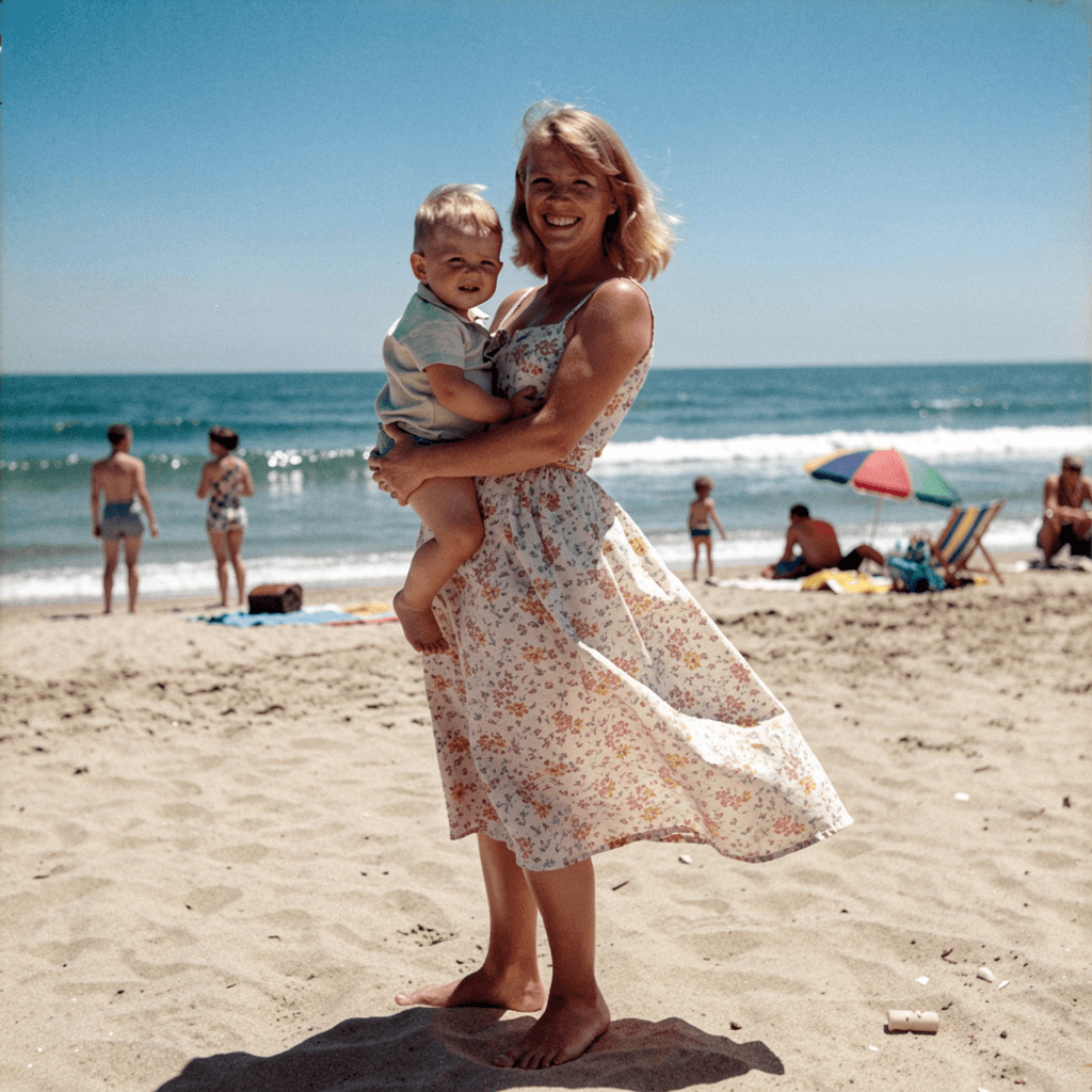 My mother with me during a vacation trip in California, 1964, restored in color